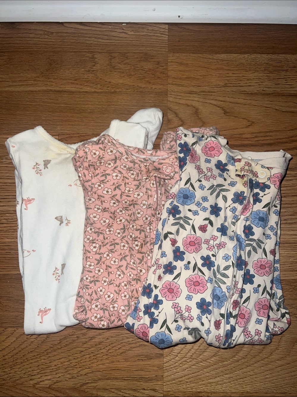 Set of 3 Floral & Print Baby Onesies - Pink, Cream, Blue